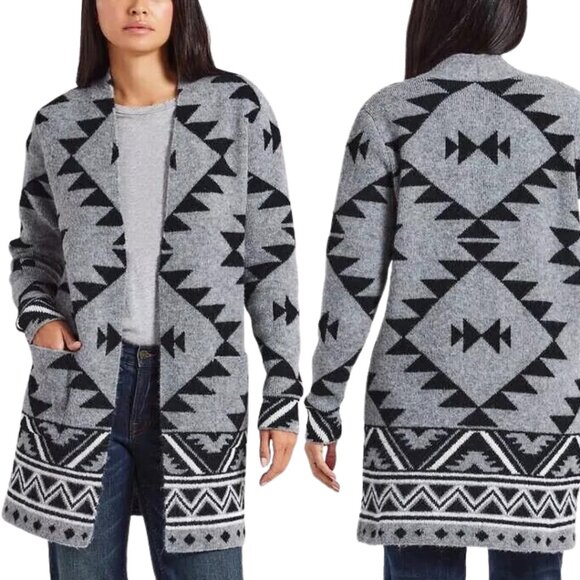 Frye Southwestern Jacquard Open Front Cardigan with Pockets Gray Black S - Picture 1 of 6
